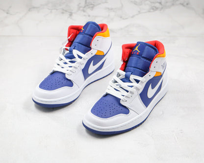 Jordan 1 Mid Bianco Laser Arancione Blu Reale Profondo 