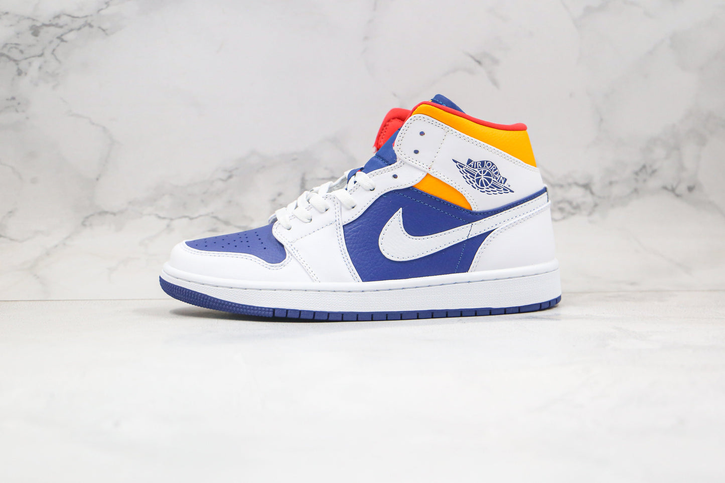 Jordan 1 Mid Bianco Laser Arancione Blu Reale Profondo 